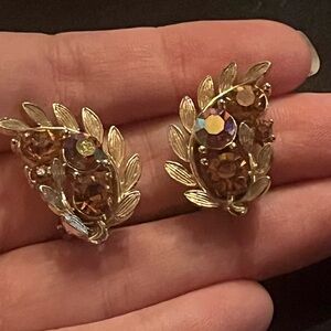 Vintage Gold Tone and Brown Rhinestone Leaf Earrings Lisner